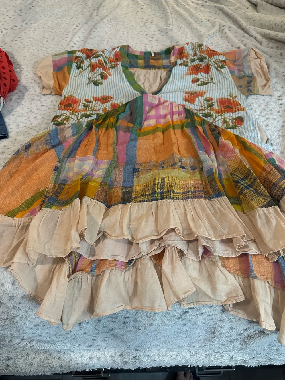 Free People Multi‑Color Floral & Plaid Tiered Mini Dress
